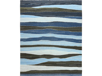 Kilim Flat-Weave hand-knotted wool rug in Blue, 12'5" x 15' — SKU O060105