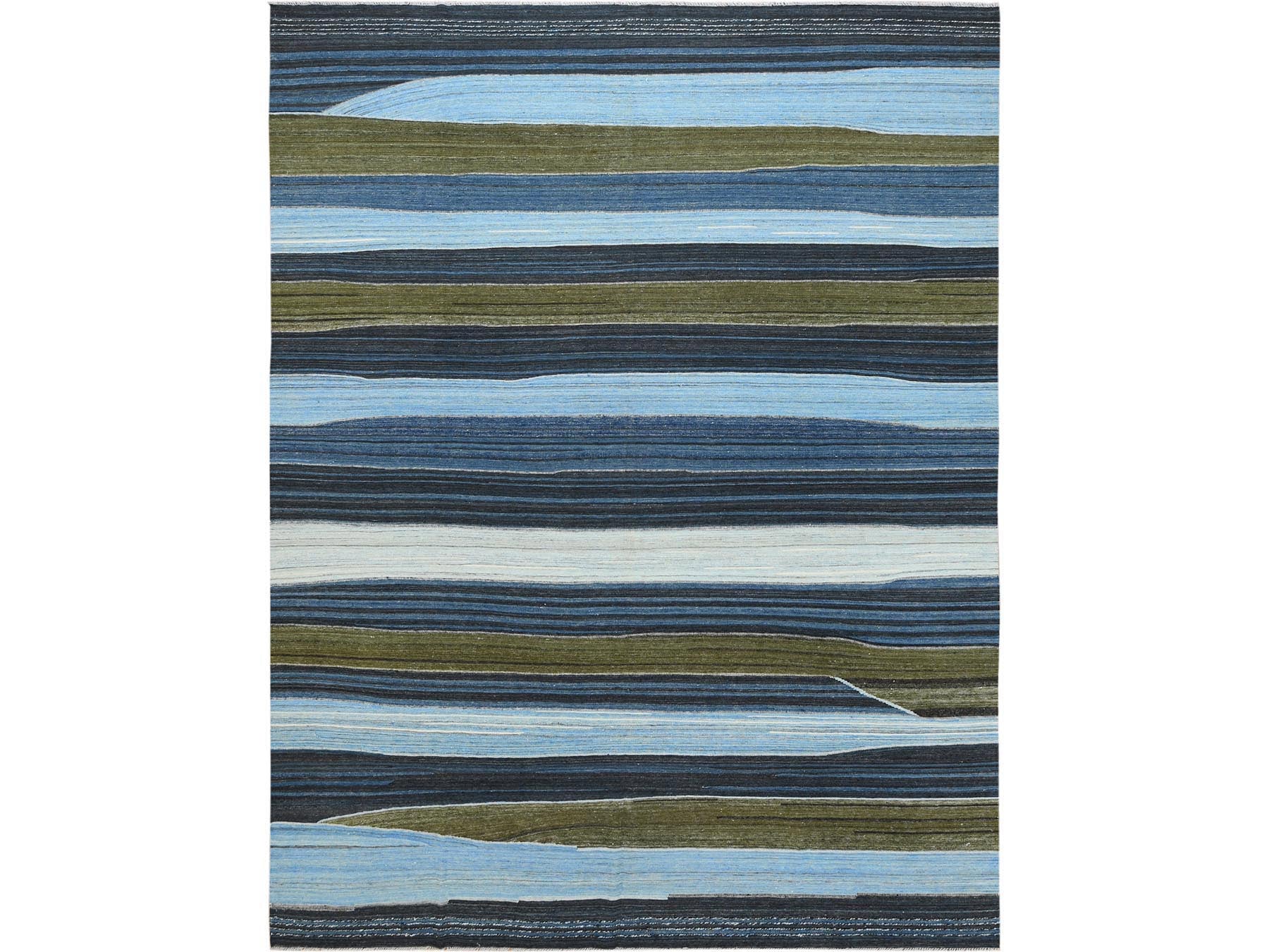 Kilim Flat-Weave hand-knotted wool rug in Blue, 10'7" x 13'8" — SKU O060106