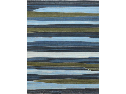 Kilim Flat-Weave hand-knotted wool rug in Blue, 10'7" x 13'8" — SKU O060106