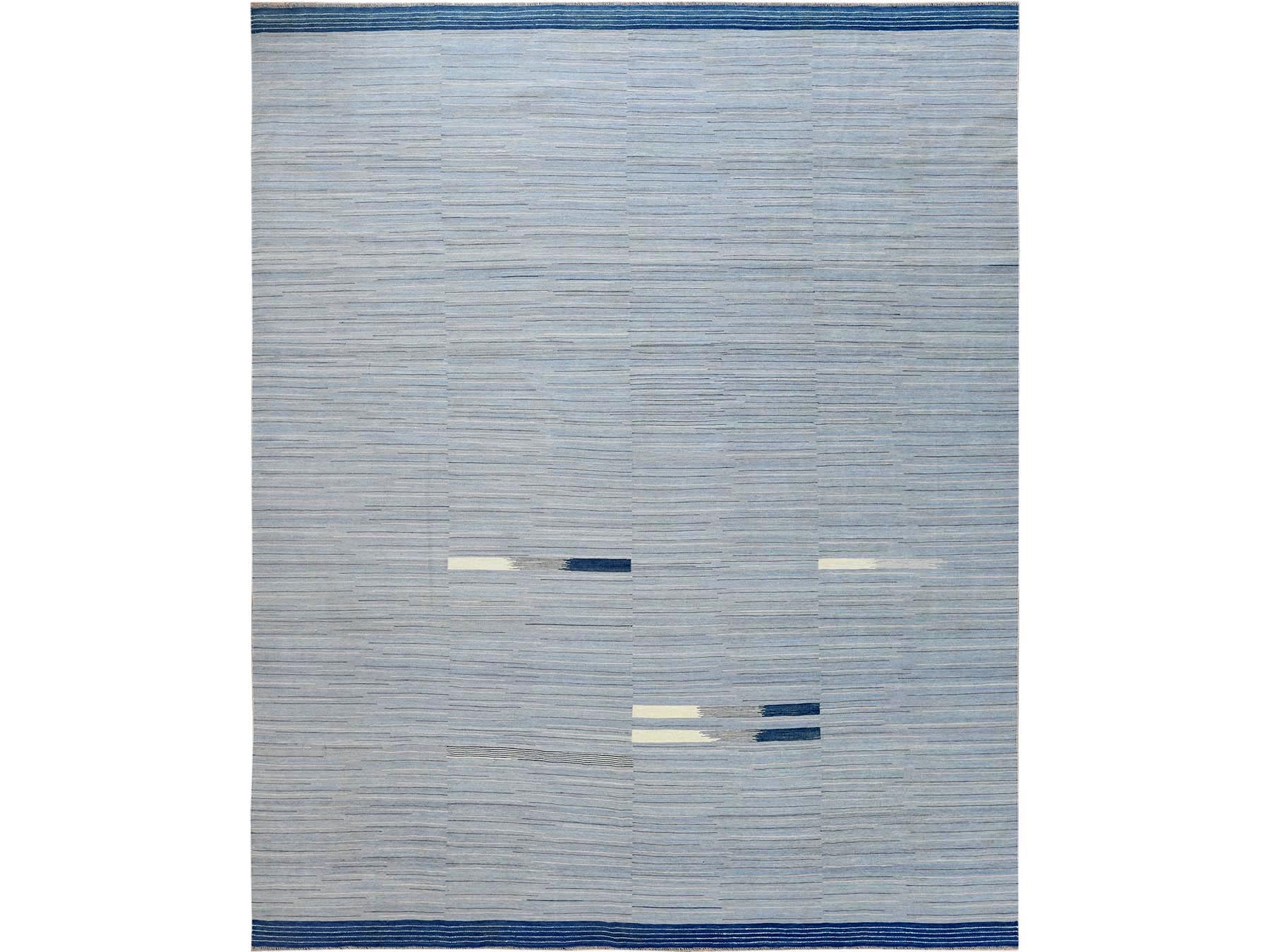 Kilim Flat-Weave hand-knotted wool rug in Blue, 12'1" x 15' — SKU O060107