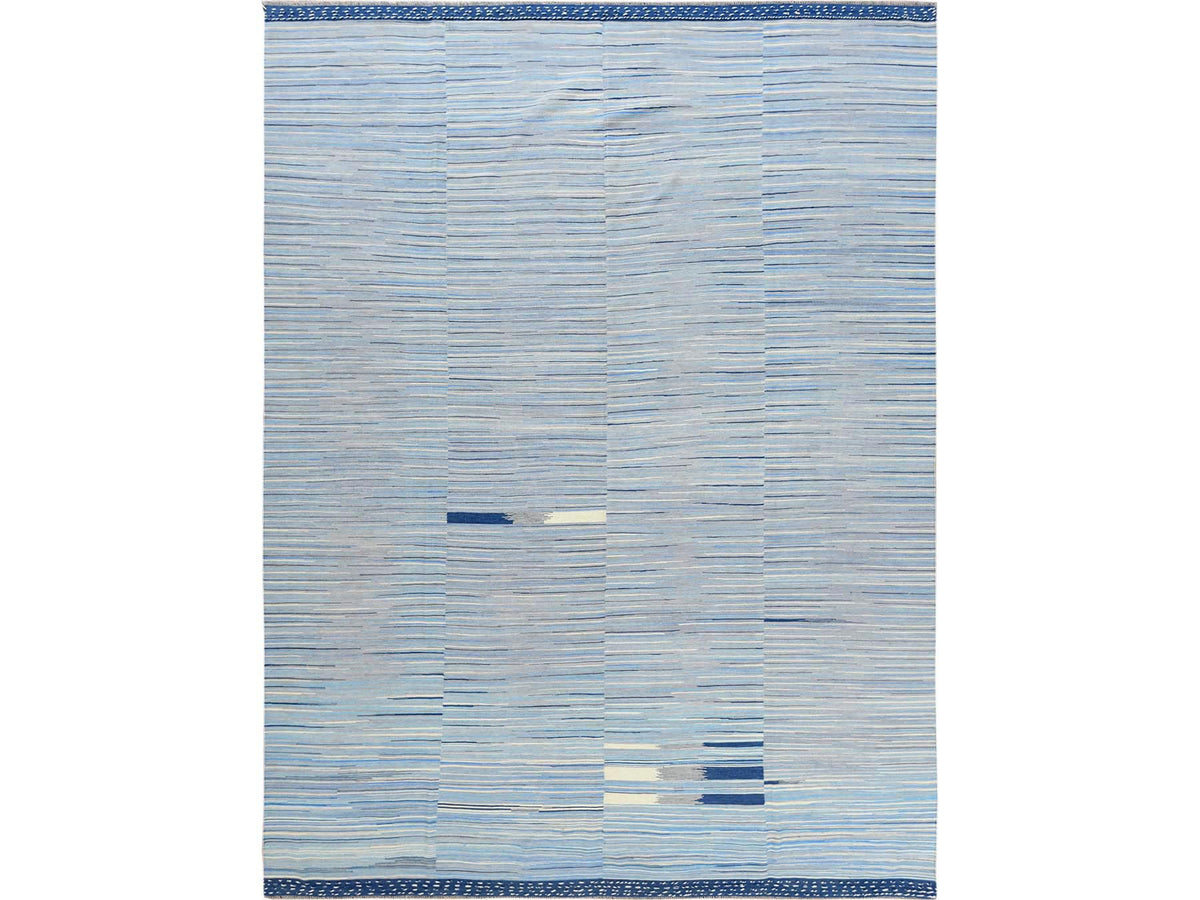 Kilim Flat-Weave hand-knotted wool rug in Blue, 10'5" x 13'10" — SKU O060108