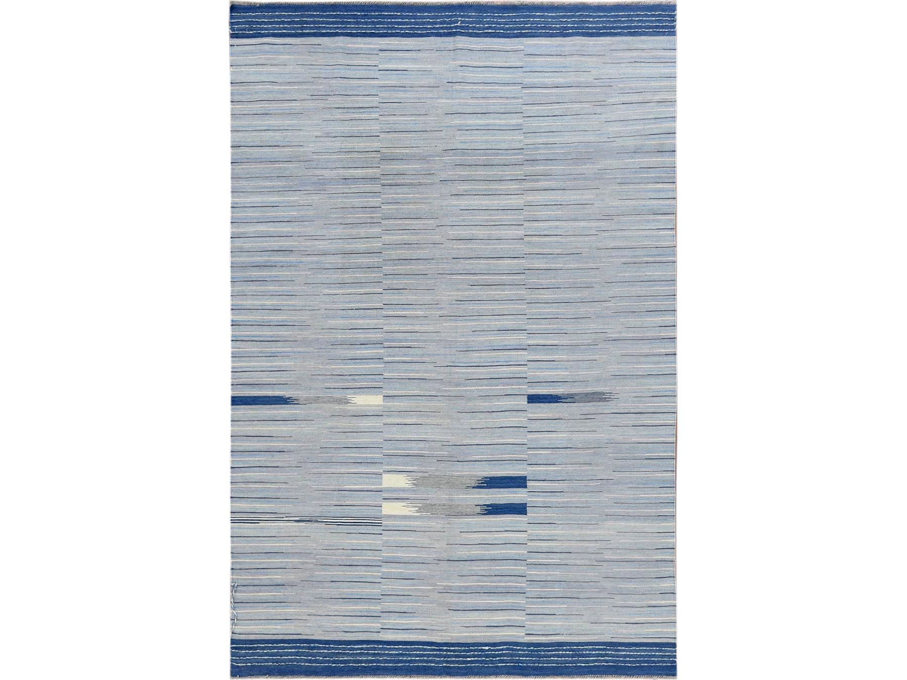 Kilim Flat-Weave hand-knotted wool rug in Blue, 6'1" x 9'1" — SKU O060109