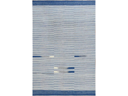 Kilim Flat-Weave hand-knotted wool rug in Blue, 6'1" x 9'1" — SKU O060109