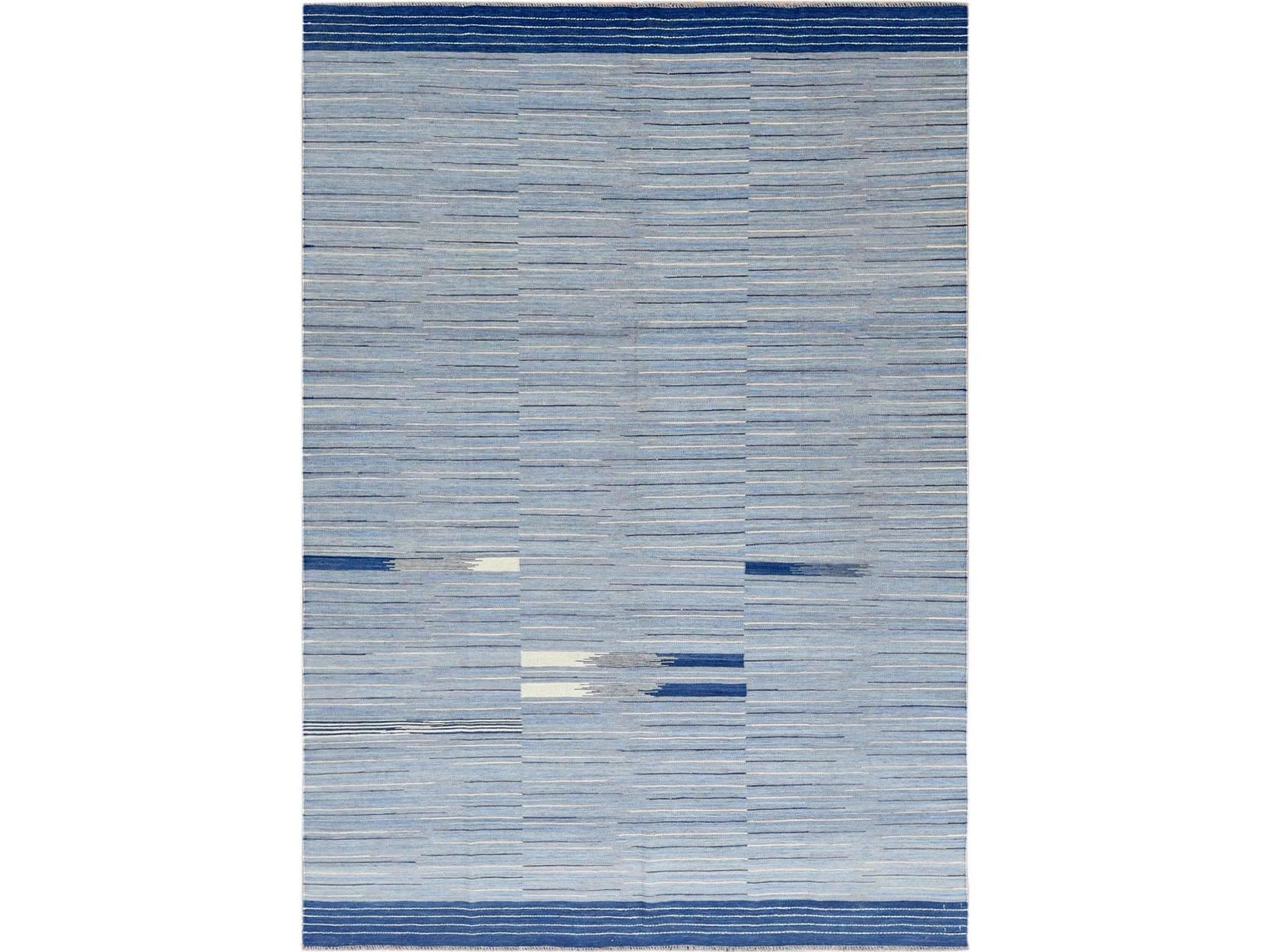 Kilim Flat-Weave hand-knotted wool rug in Blue, 6'4" x 9'1" — SKU O060110