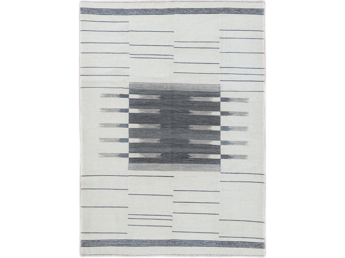 Kilim Flat-Weave hand-knotted wool rug in Gray, 6'5" x 9' — SKU O060123