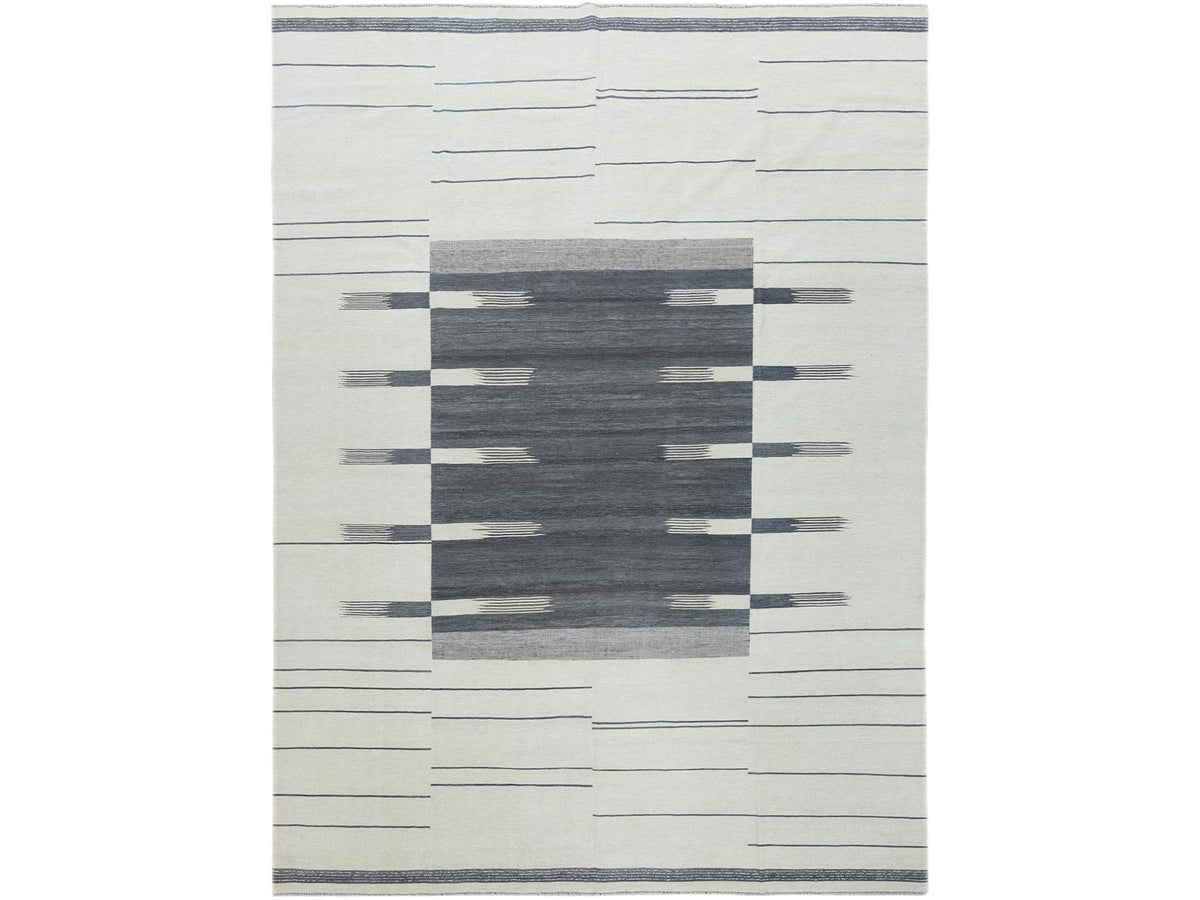 Kilim Flat-Weave hand-knotted wool rug in Gray, 12'5" x 14'10" — SKU O060124