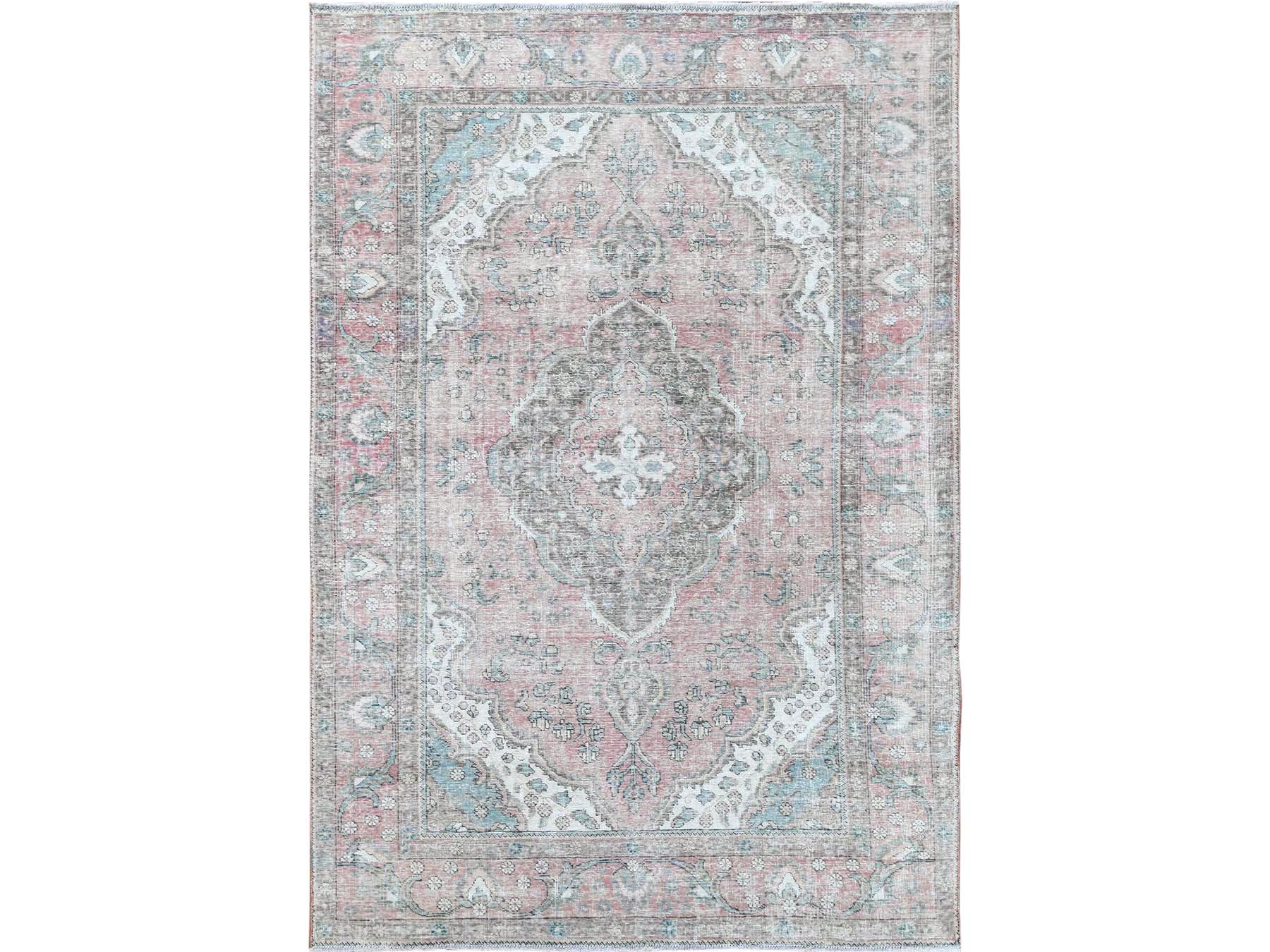 Tabriz White Wash Vintage & Silver Wash hand-knotted worn wool rug in Red, 6'8" x 9'8" — SKU O060183