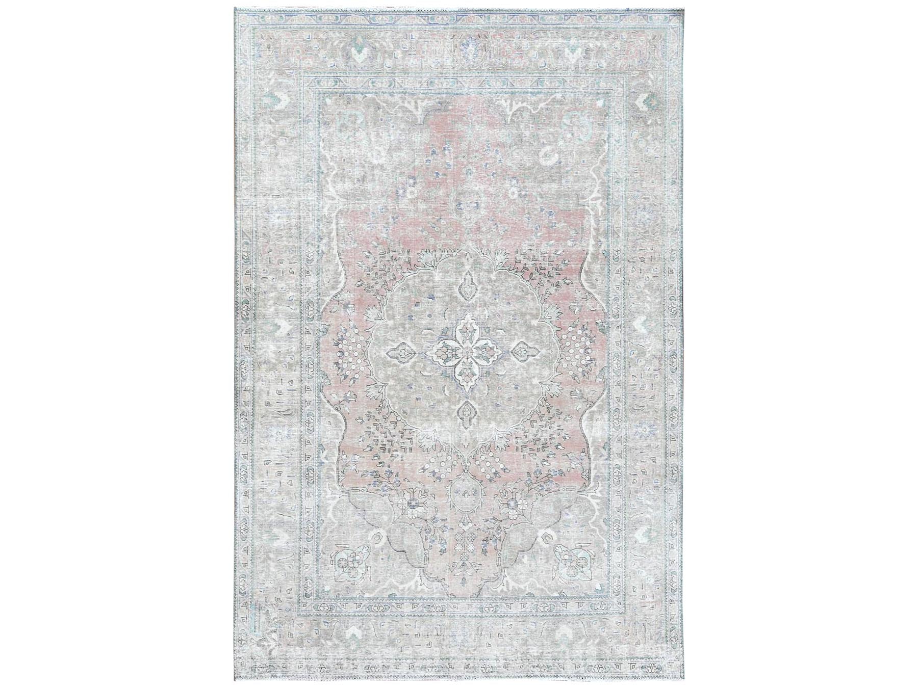 Tabriz White Wash Vintage & Silver Wash hand-knotted worn wool rug in Red & Beige, 6'2" x 9'7" — SKU O060186