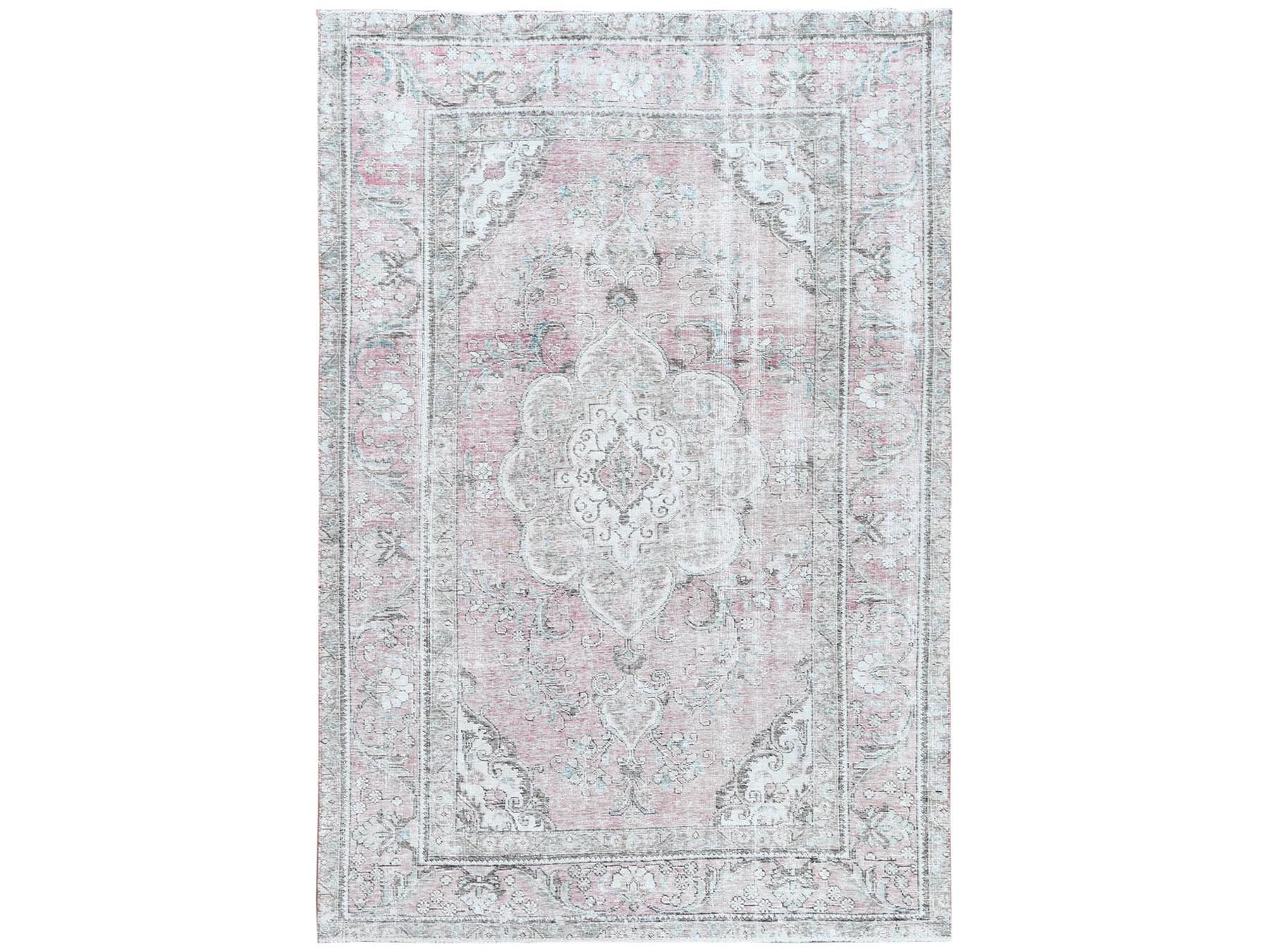 Tabriz White Wash Vintage & Silver Wash hand-knotted worn wool rug in Red & Beige, 6'4" x 9'6" — SKU O060187