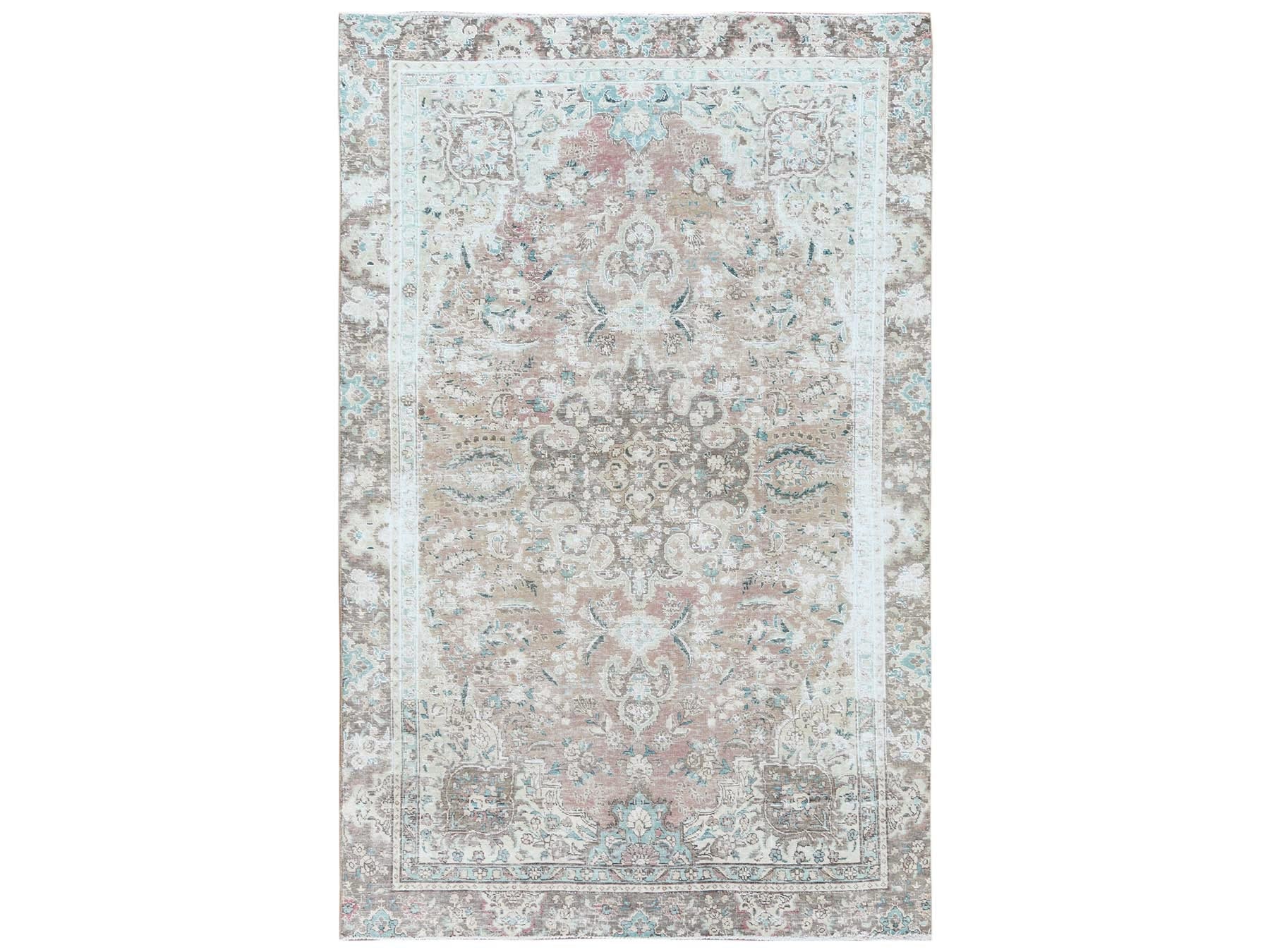 Tabriz White Wash Vintage & Silver Wash hand-knotted worn wool rug in Red & Brown, 5'10" x 9'5" — SKU O060193