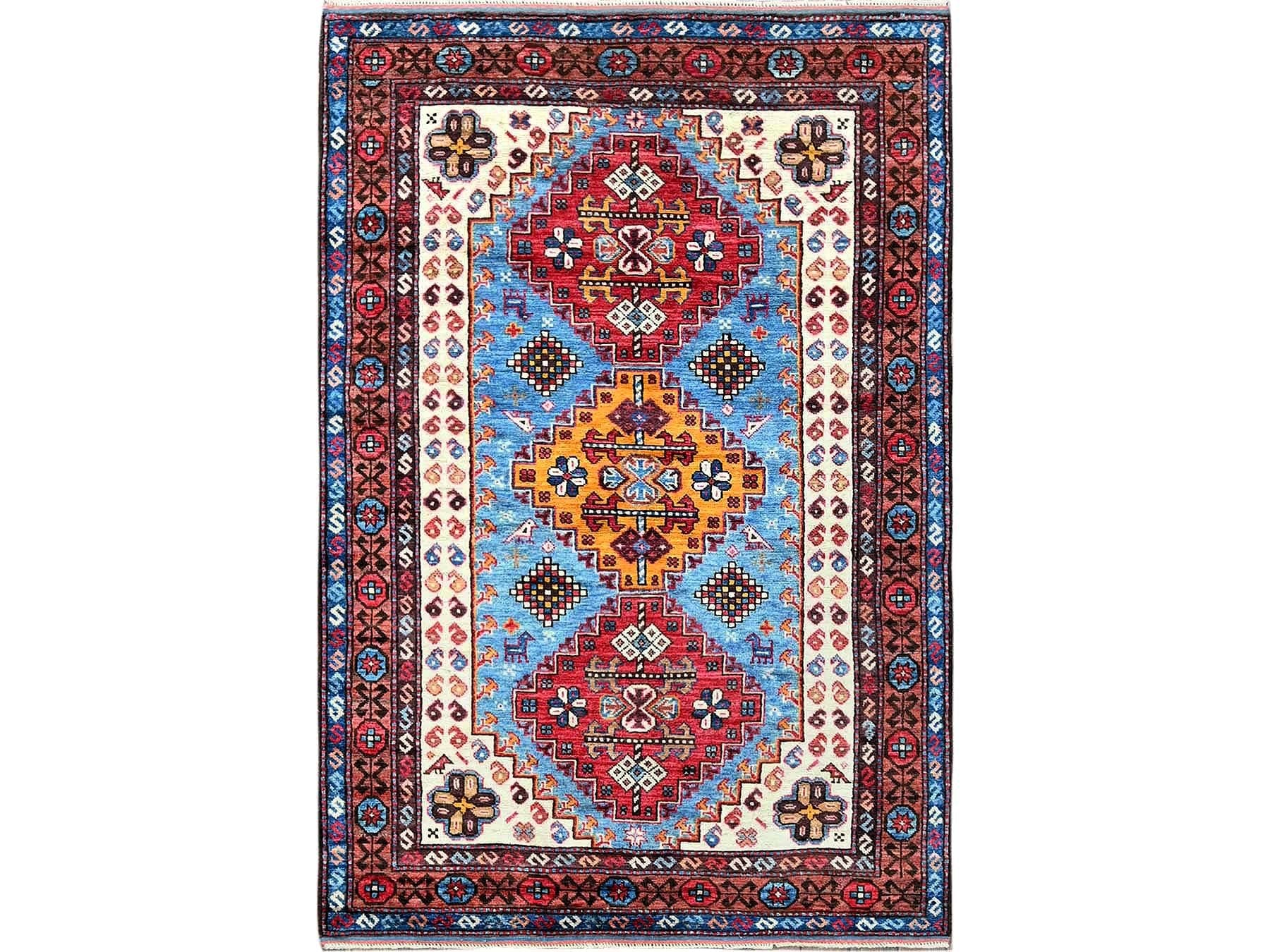 Ersari Kazak hand-knotted wool rug in Blue & Copper Red, 4'2" x 6'2" — SKU O0602
