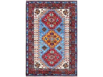Blue 4'2" x 6'2" Kazak Hand knotted Wool Rug - Sku: O0602