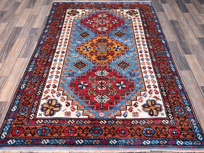 Blue 4'2" x 6'2" Kazak Hand knotted Wool Rug - Sku: O0602