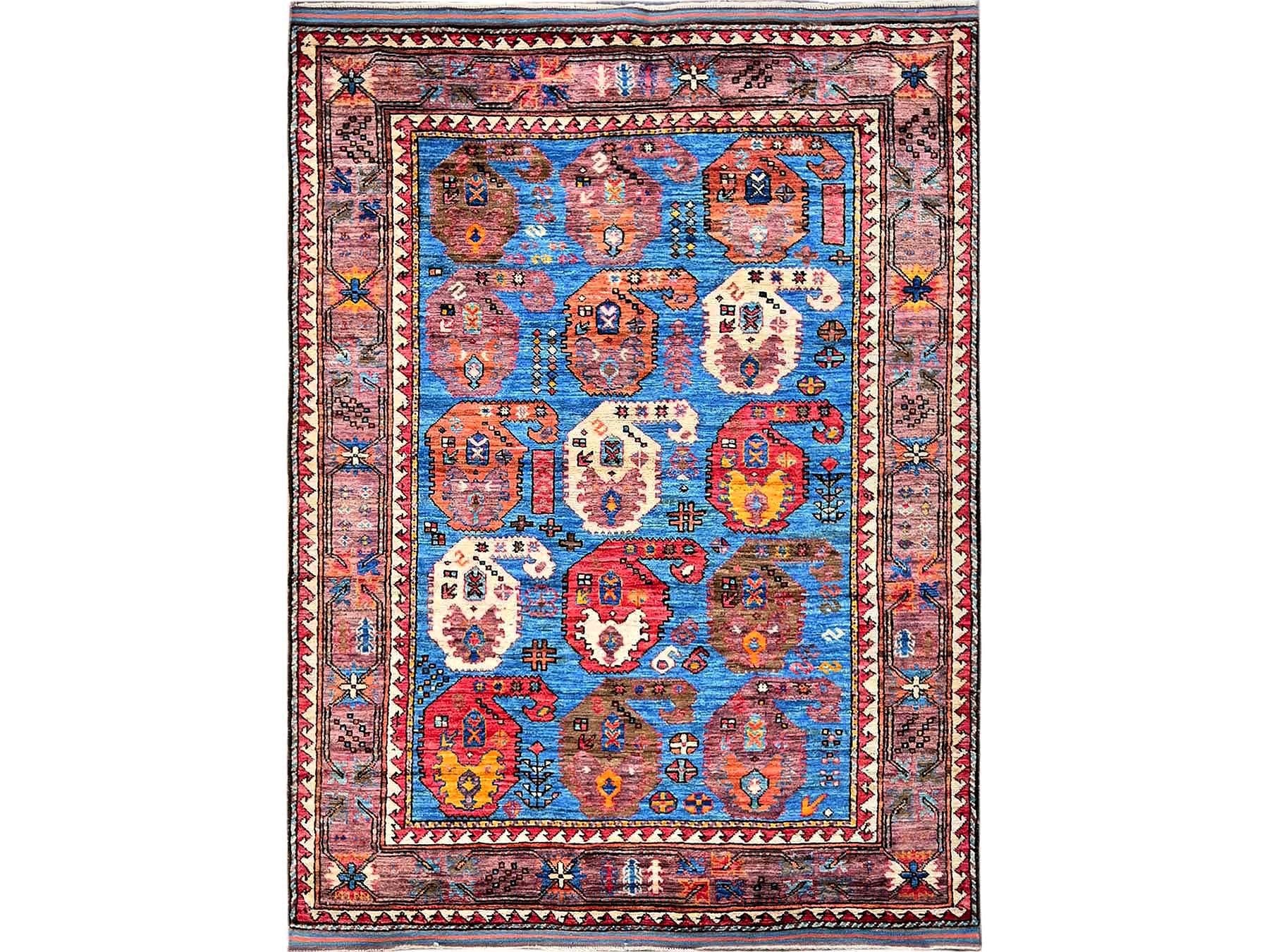 Ersari Kazak hand-knotted wool rug in Blue & Brown, 4'4" x 5'9" — SKU O0604