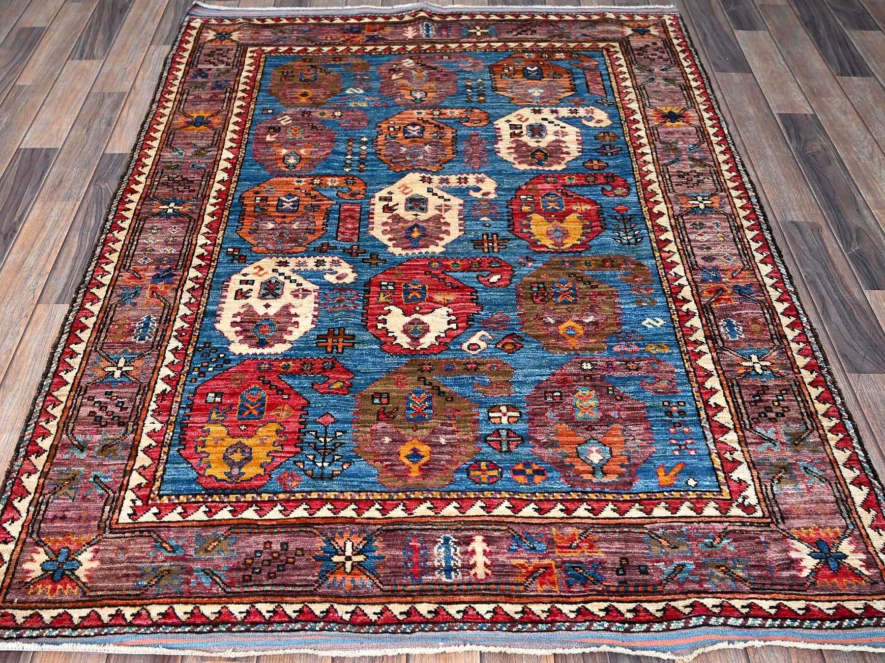 Ersari Kazak hand-knotted wool rug in Blue & Brown, 4'4" x 5'9" — SKU O0604 (view 2)