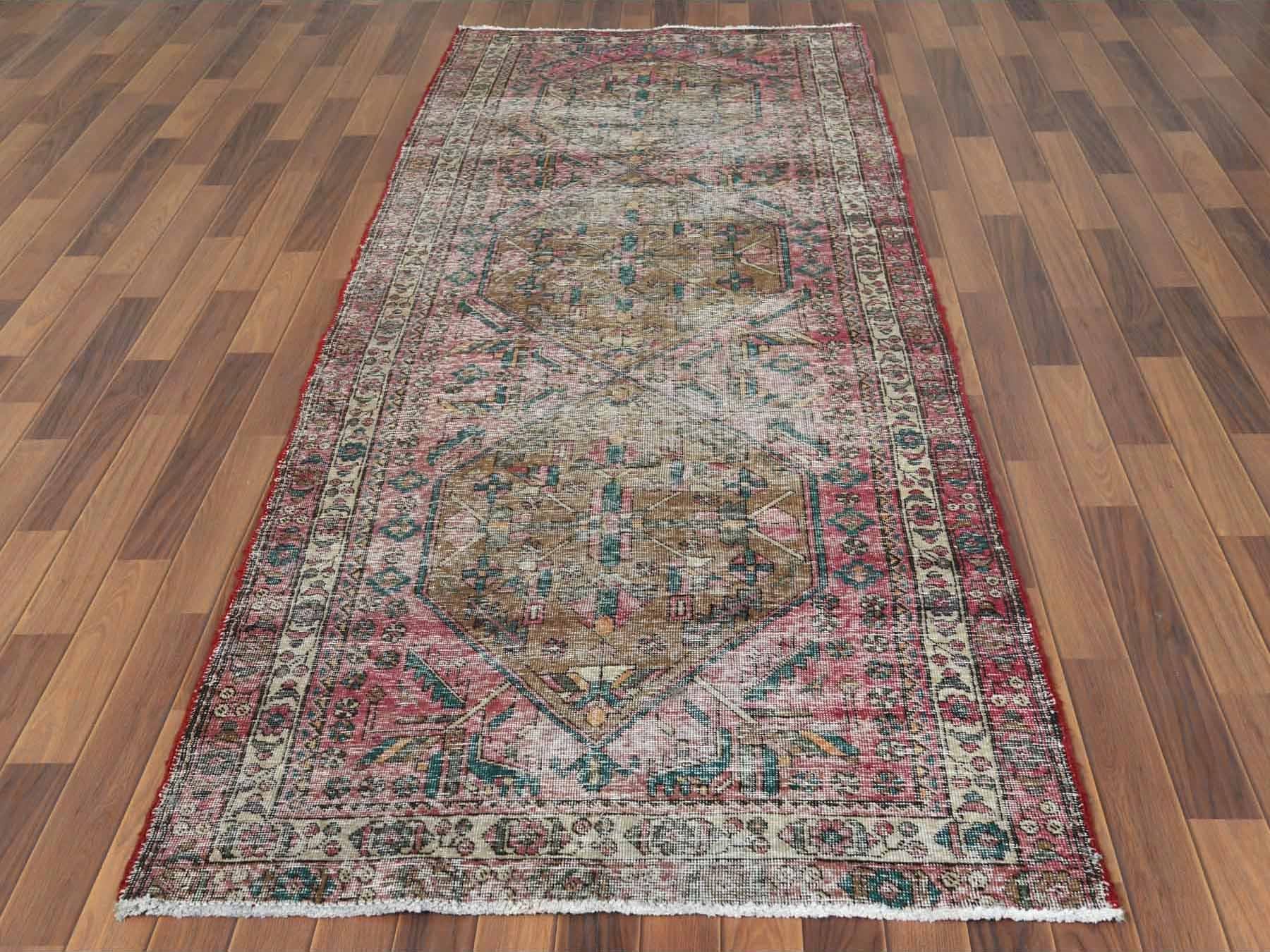 Red 3'10" x 10'3" Vintage Hand knotted Wool Rug - Sku: O060505