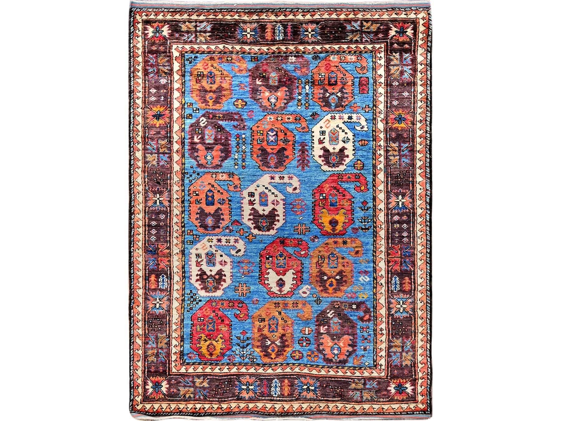 Ersari Kazak hand-knotted wool rug in Blue & Brown, 4'5" x 5'10" — SKU O0605