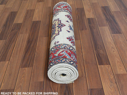 Ivory 2'8" x 9'8" Kazak Hand knotted Wool Rug - Sku: O060725