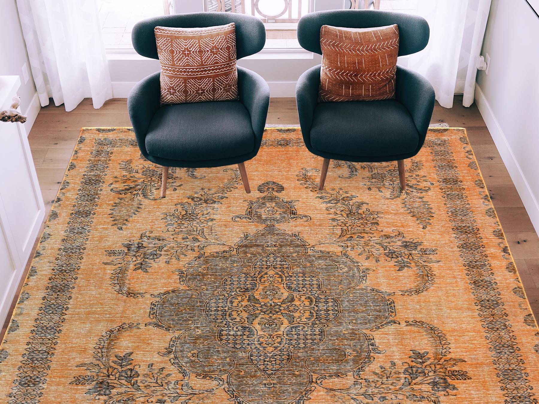 Tabriz Vintage hand-knotted worn wool rug in Orange, 6'1" x 9'6" — SKU O060907 (view 2)
