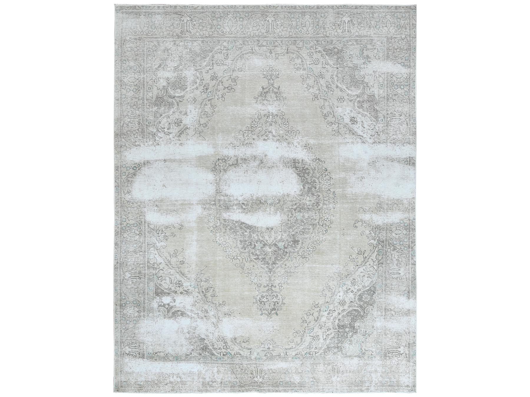 Tabriz Vintage hand-knotted worn wool rug in Ivory, 9'8" x 12'6" — SKU O061216