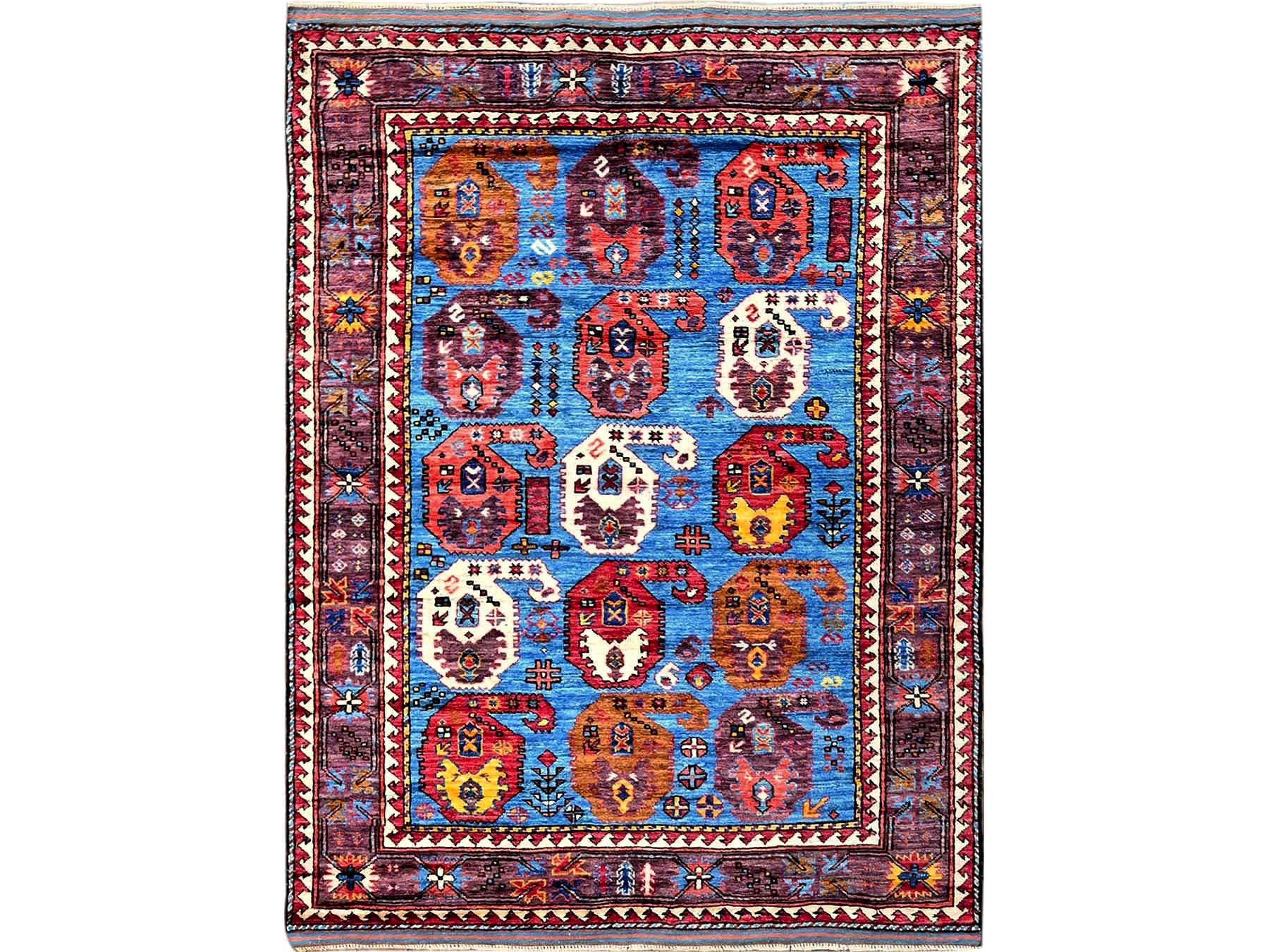 Ersari Kazak hand-knotted wool rug in Blue & Brown, 4'3" x 5'8" — SKU O0613