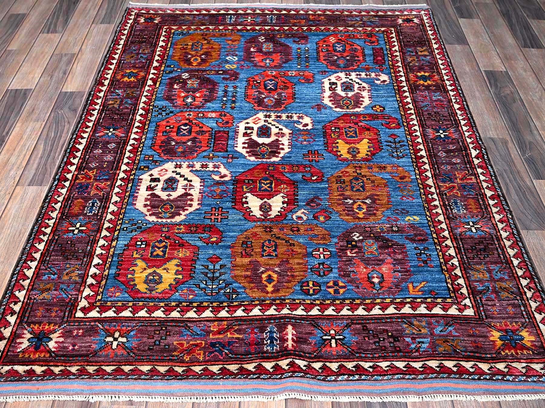 Ersari Kazak hand-knotted wool rug in Blue & Brown, 4'3" x 5'8" — SKU O0613 (view 2)