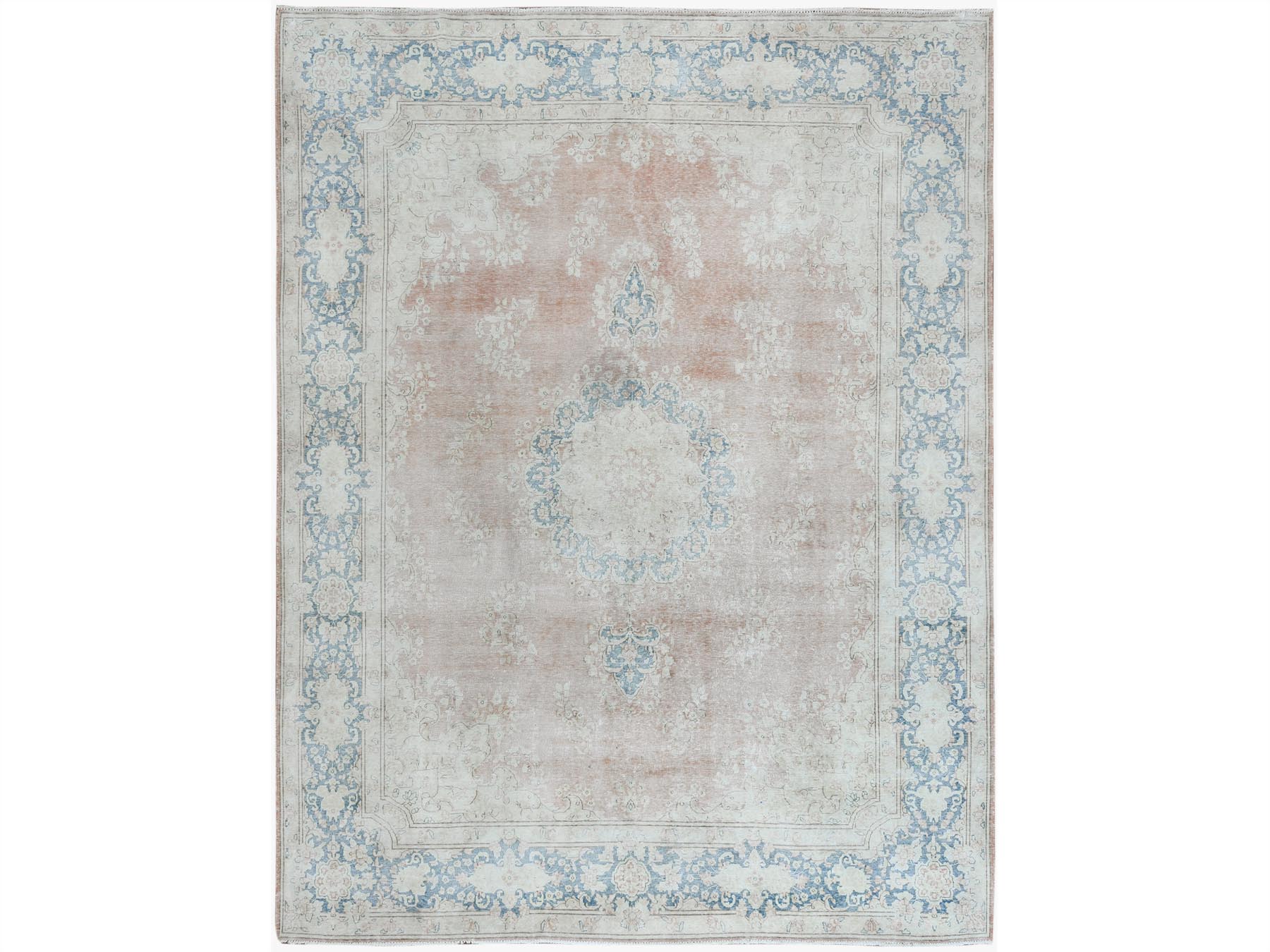 Kerman Vintage hand-knotted worn wool rug in Brown & Blue, 9'8" x 12'7" — SKU O061404