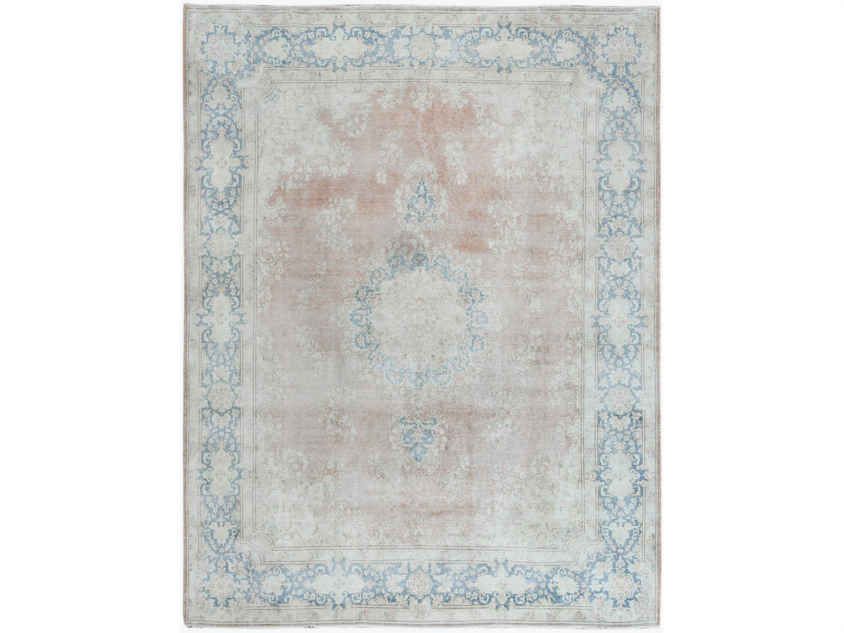 Kerman Vintage hand-knotted worn wool rug in Brown & Blue, 9'8" x 12'7" — SKU O061404