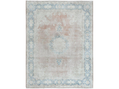 Kerman Vintage hand-knotted worn wool rug in Brown & Blue, 9'8" x 12'7" — SKU O061404