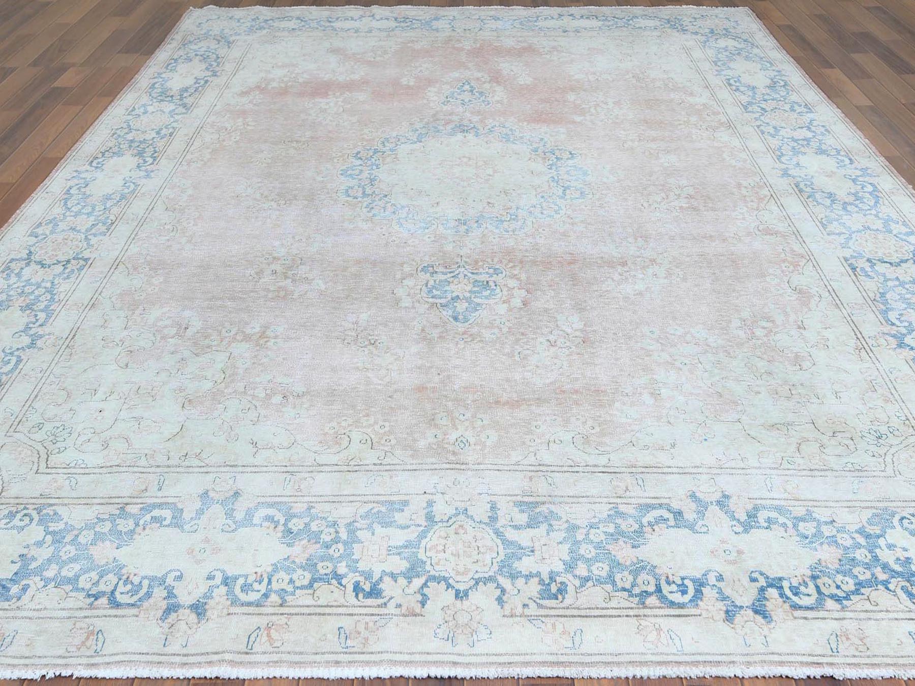 Kerman Vintage hand-knotted worn wool rug in Brown & Blue, 9'8" x 12'7" — SKU O061404 (view 2)