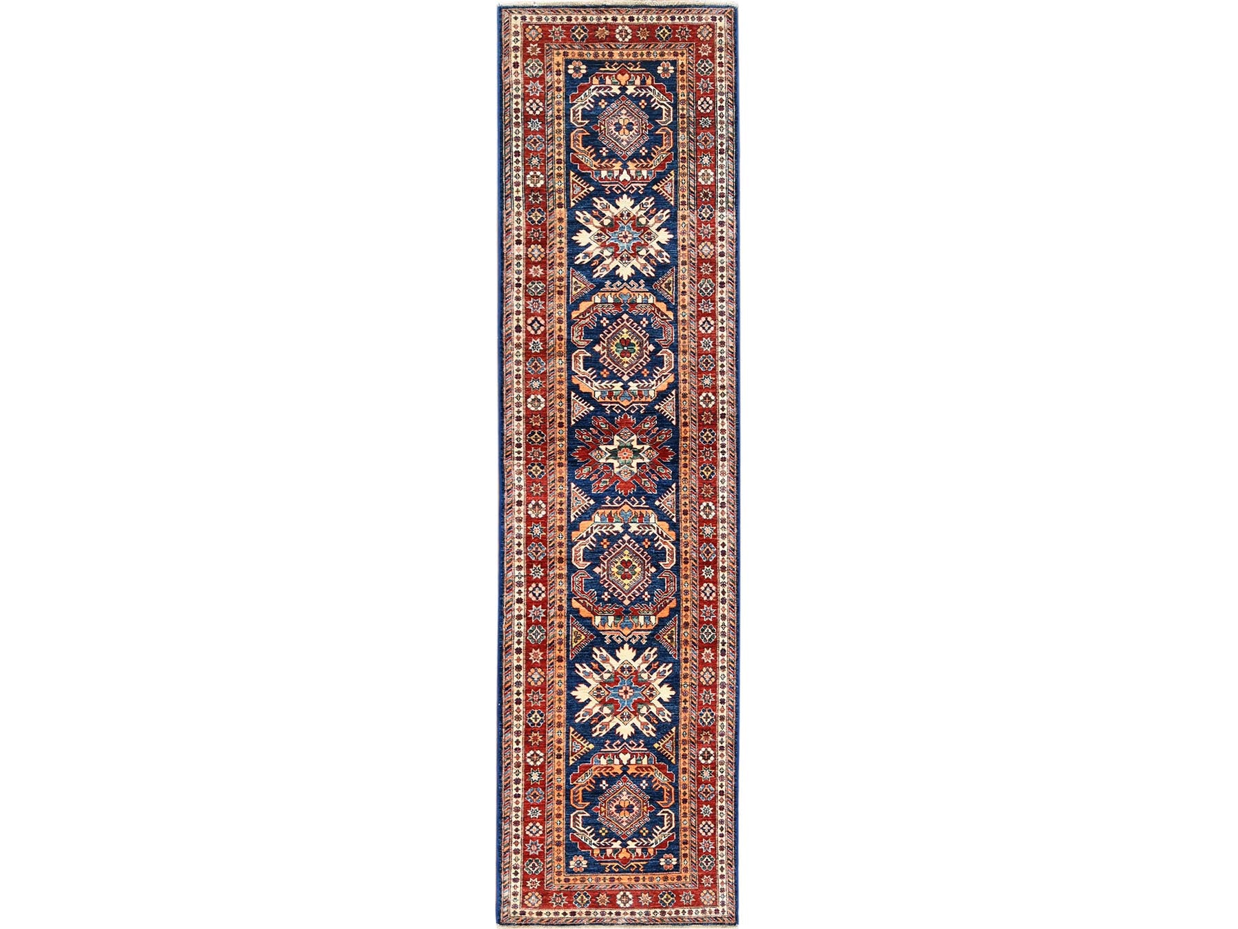 Kazak Kazak hand-knotted wool runner in Blue & Red, 2'10" x 11' — SKU O061452