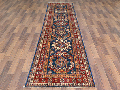 Blue 2'10" x 11'0" Kazak Hand knotted Wool Rug - Sku: O061452