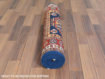 Blue 2'10" x 11'0" Kazak Hand knotted Wool Rug - Sku: O061452