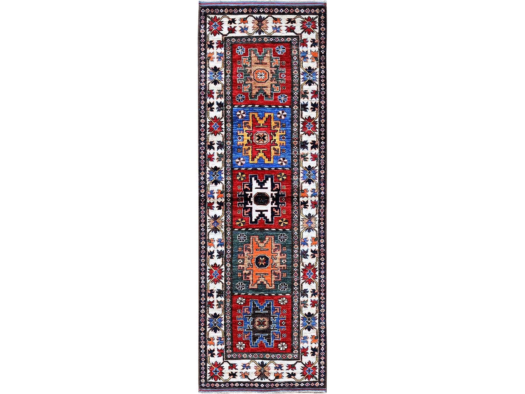 Ersari Kazak hand-knotted wool runner in Red & Ivory, 2'8" x 8'2" — SKU O0614
