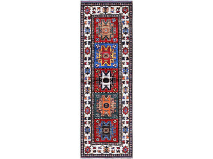 Ersari Kazak hand-knotted wool runner in Red & Ivory, 2'8" x 8'2" — SKU O0614