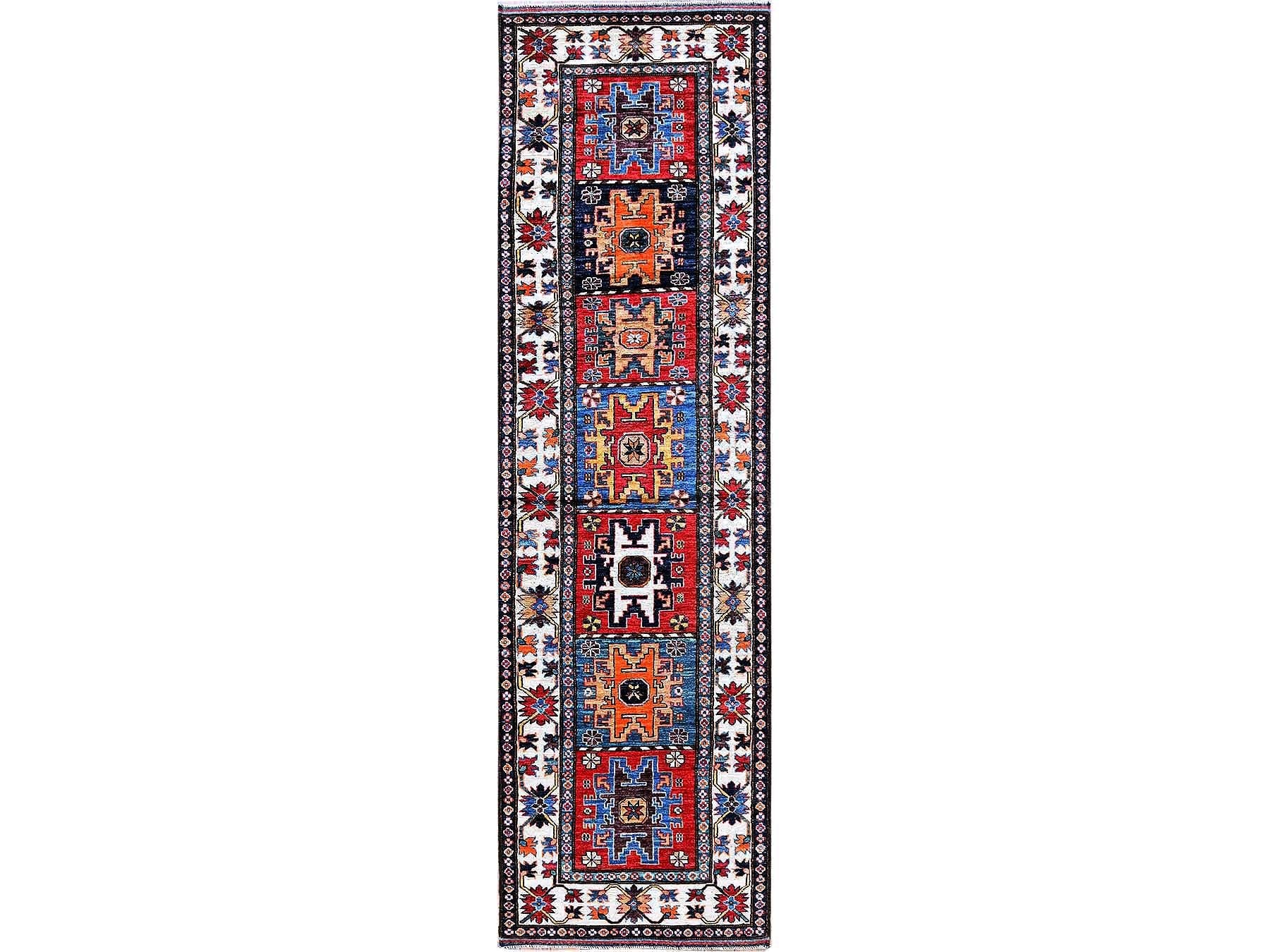 Ersari Kazak hand-knotted wool runner in Red & Ivory, 2'9" x 9'8" — SKU O0615