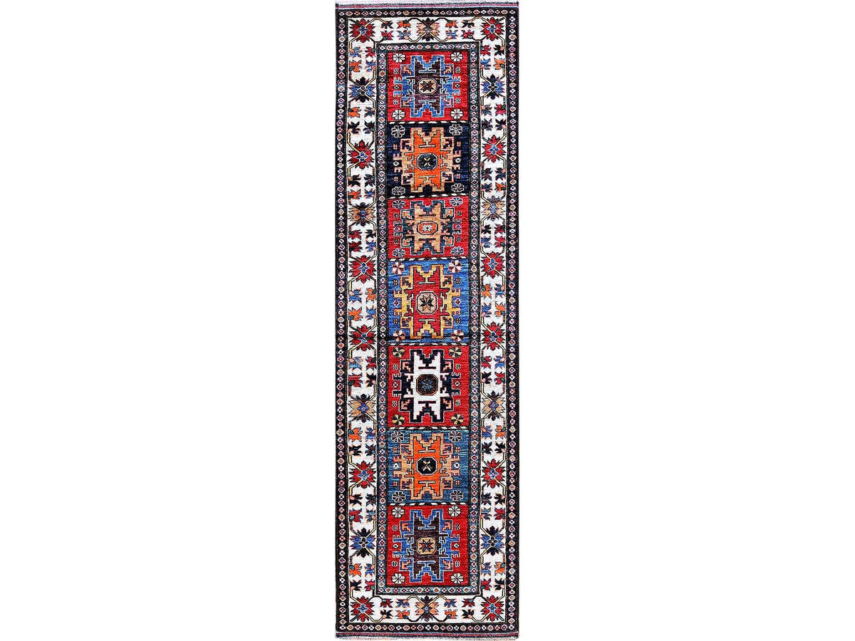Ersari Kazak hand-knotted wool runner in Red & Ivory, 2'9" x 9'8" — SKU O0615