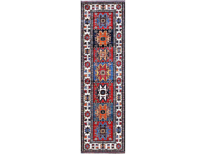 Ersari Kazak hand-knotted wool runner in Red & Ivory, 2'9" x 9'8" — SKU O0615