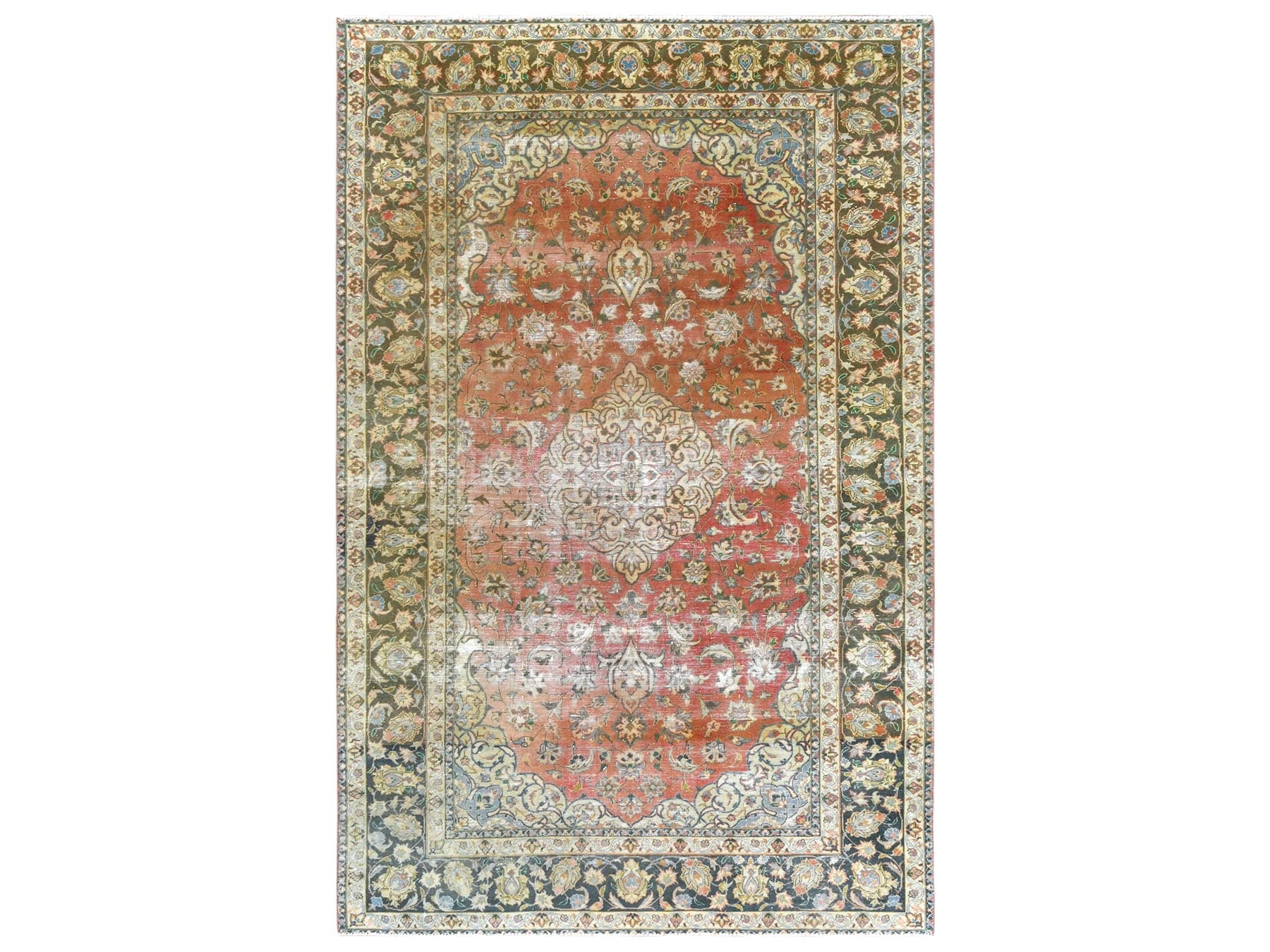 Kashan Vintage hand-knotted worn wool rug in Brown & Green, 6'10" x 10'6" — SKU O061630