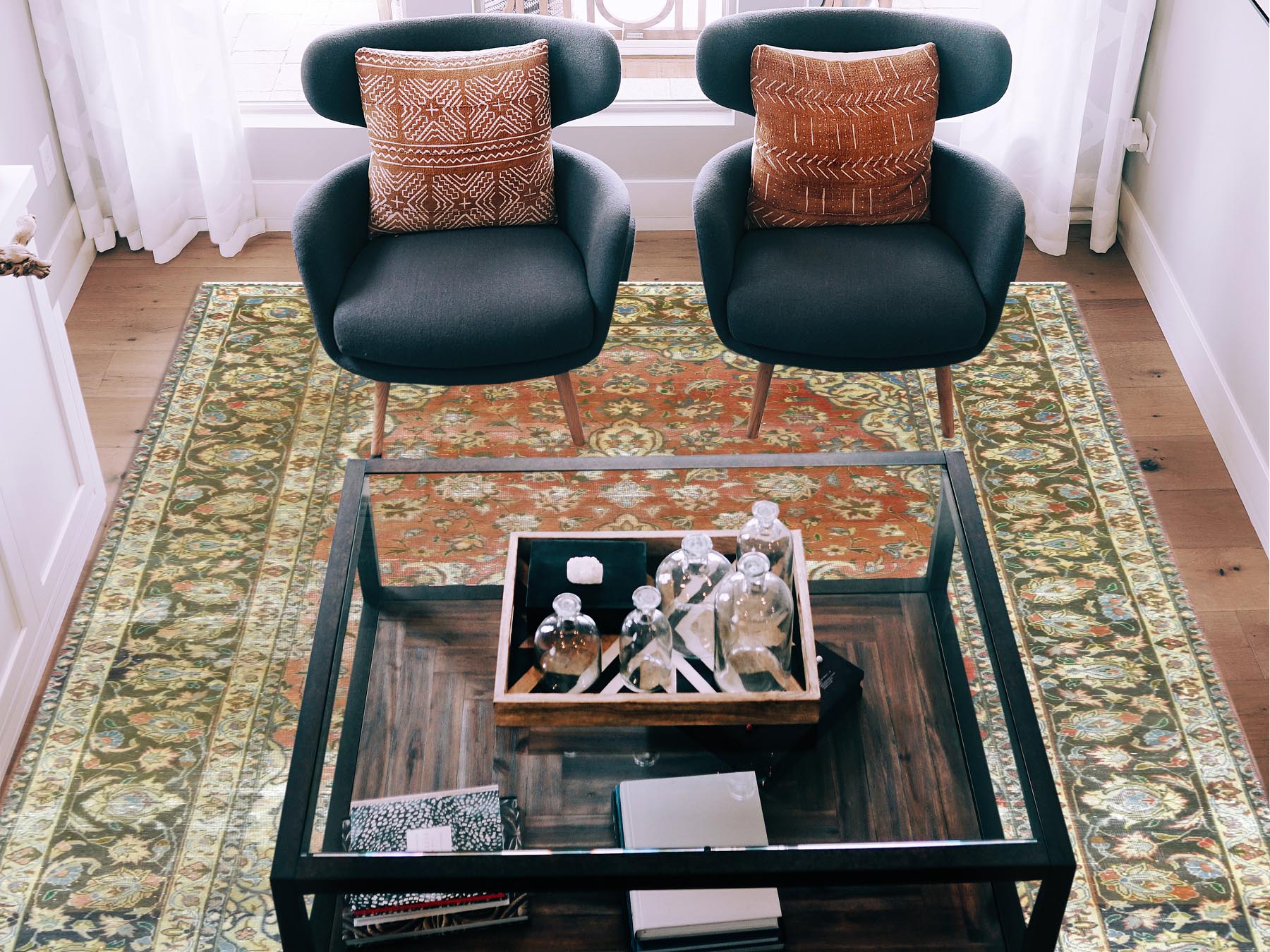 Kashan Vintage hand-knotted worn wool rug in Brown & Green, 6'10" x 10'6" — SKU O061630 (view 2)