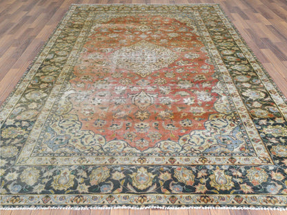 Kashan Vintage hand-knotted worn wool rug in Brown & Green, 6'10" x 10'6" — SKU O061630 (view 3)