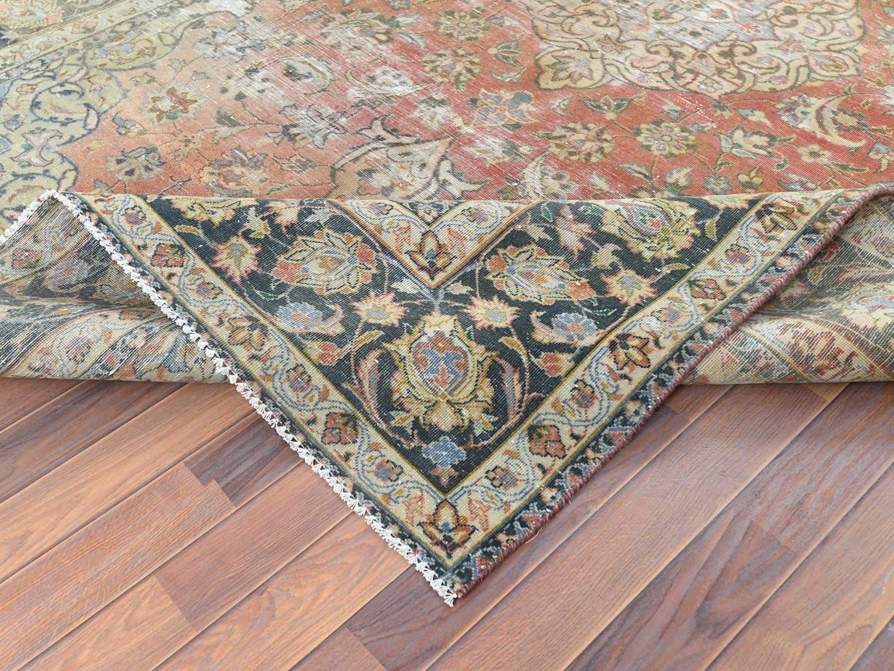 Kashan Vintage hand-knotted worn wool rug in Brown & Green, 6'10" x 10'6" — SKU O061630 (view 7)