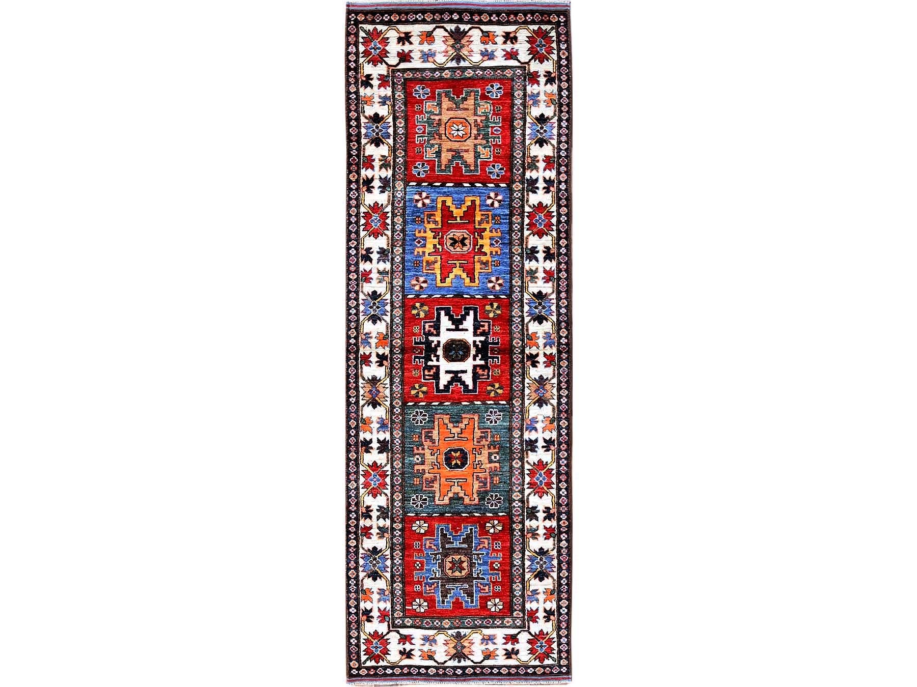 Ersari Kazak hand-knotted wool runner in Red & Ivory, 2'8" x 8'3" — SKU O0616