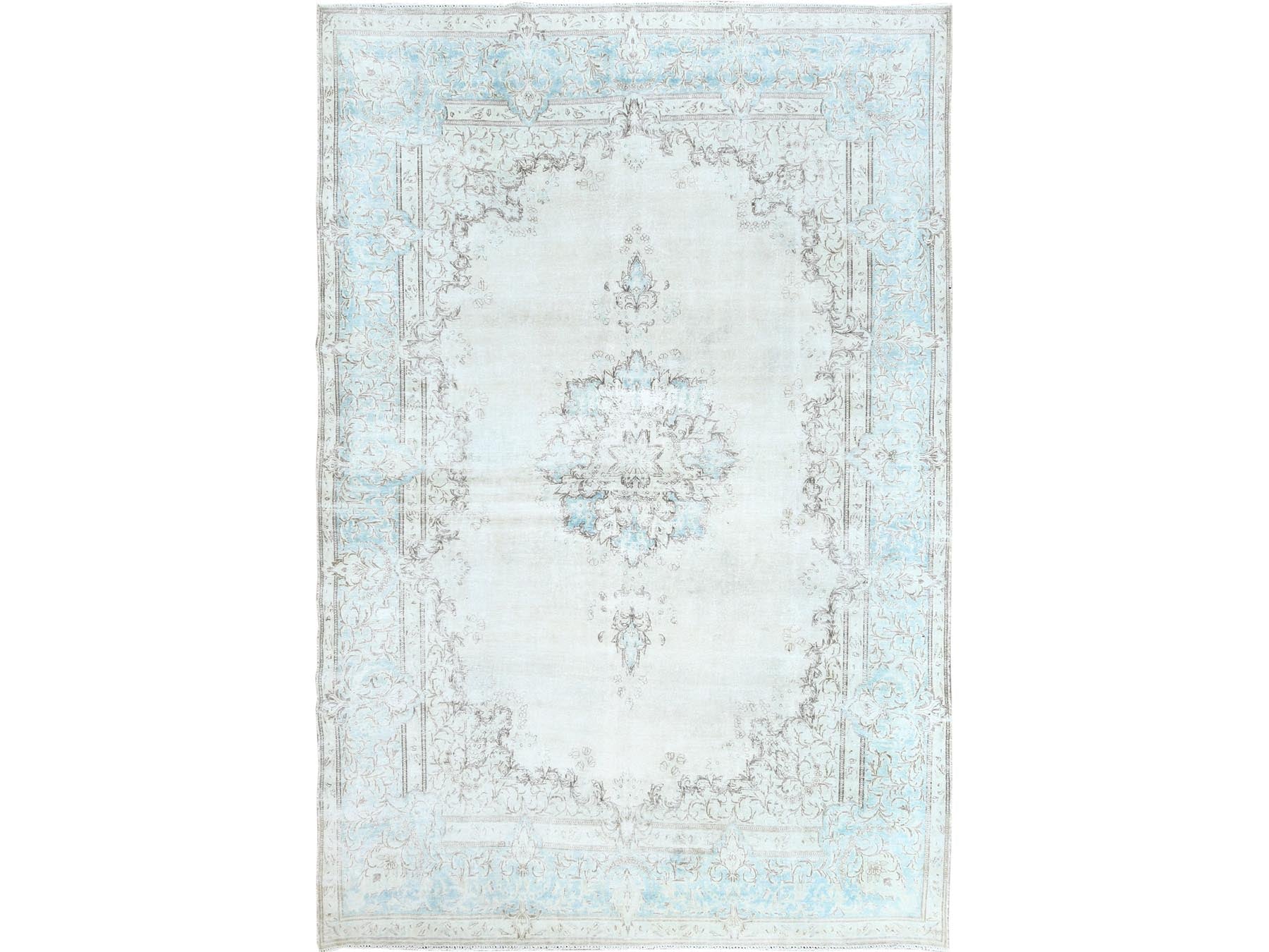 Kerman Vintage hand-knotted worn wool rug in Ivory & Blue, 9'1" x 13'4" — SKU O061712