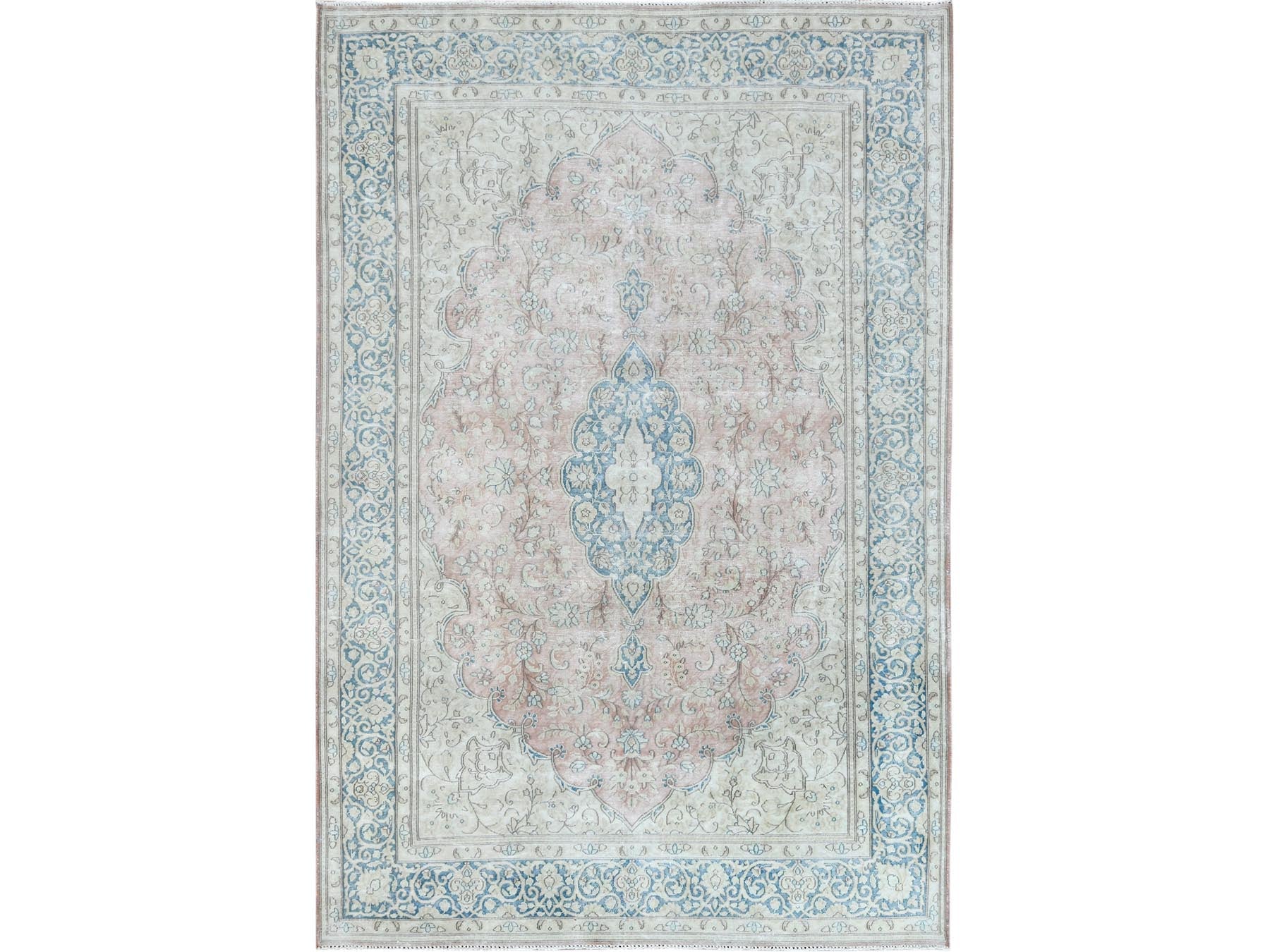 Kerman Vintage hand-knotted worn wool rug in Red & Blue, 7' x 10'4" — SKU O061719