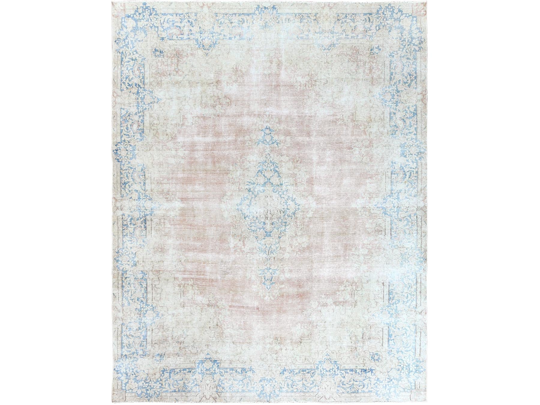 Kerman Vintage hand-knotted worn wool rug in Red & Blue, 9'8" x 12'9" — SKU O061728