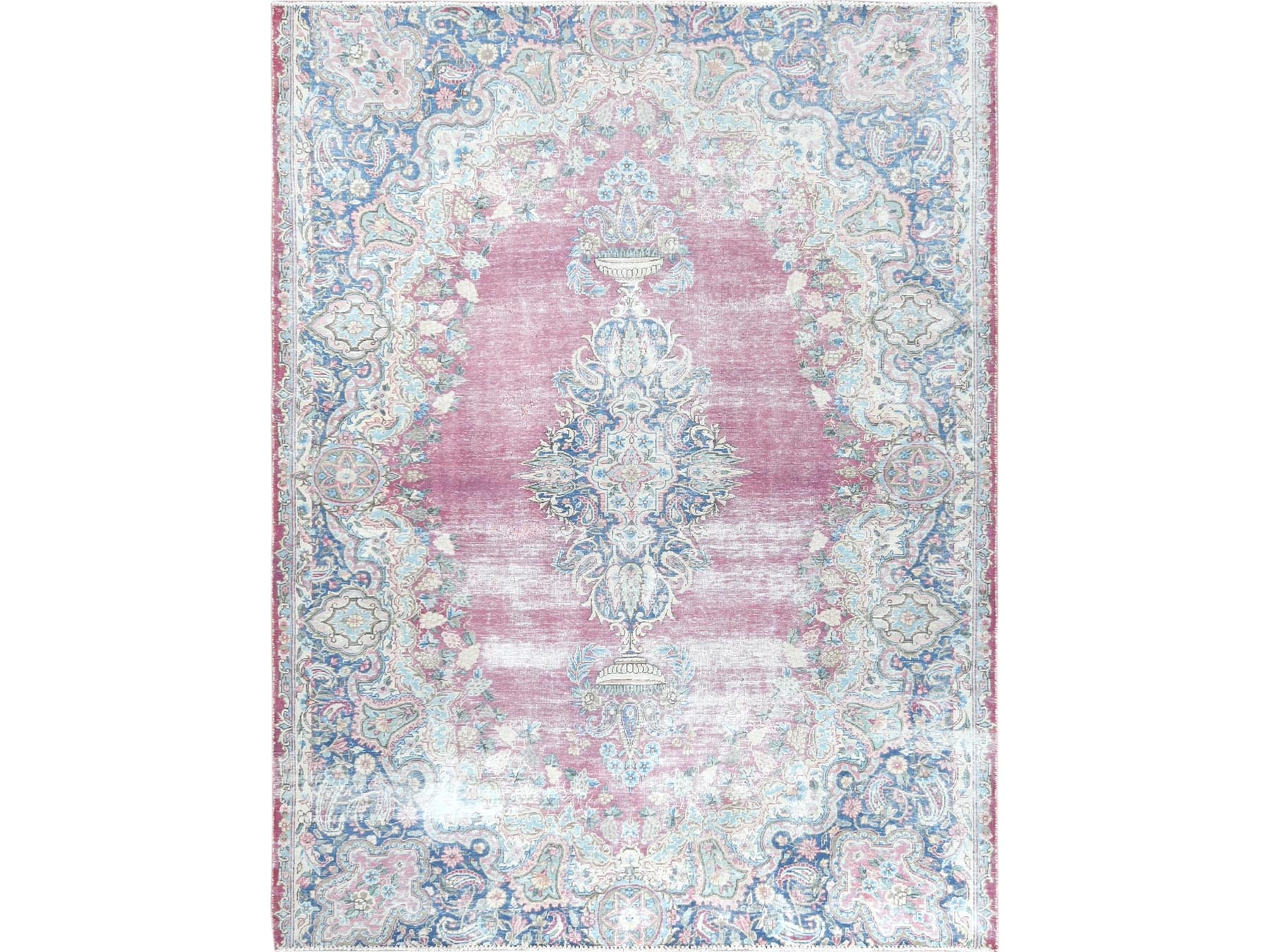 Kerman Vintage hand-knotted worn wool rug in Pink & Blue, 6'7" x 8'7" — SKU O061744