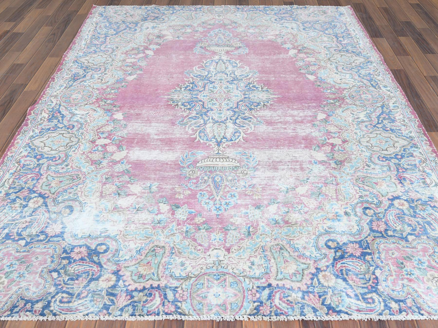 Kerman Vintage hand-knotted worn wool rug in Pink & Blue, 6'7" x 8'7" — SKU O061744 (view 2)
