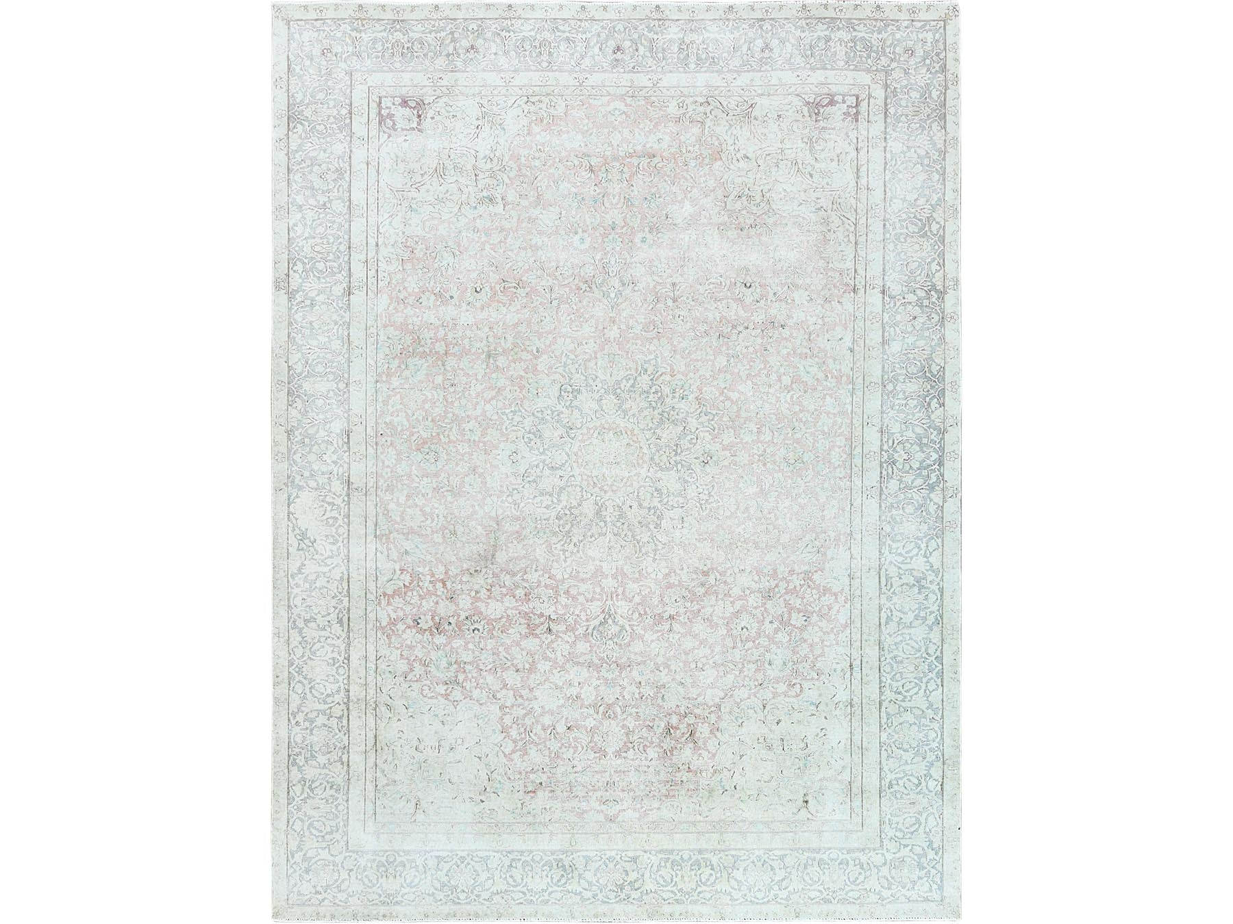 Kerman Vintage hand-knotted worn wool rug in Ivory & Gray, 9'8" x 12'10" — SKU O061795