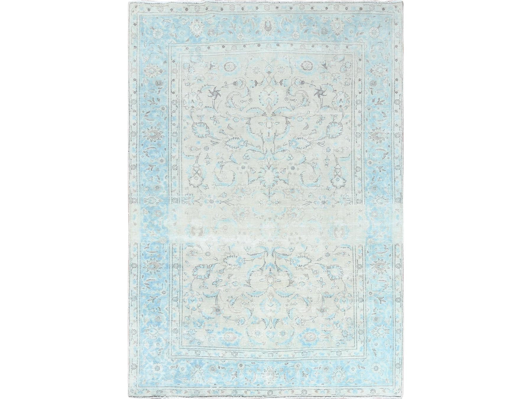 Kerman Vintage hand-knotted worn wool rug in Ivory & Blue, 6'6" x 9'7" — SKU O061799